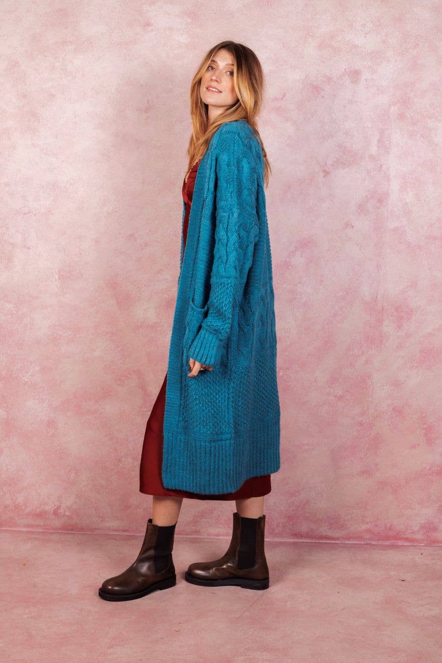 Alex Balloon Sleeve Cable Maxi Cardigan - Teal