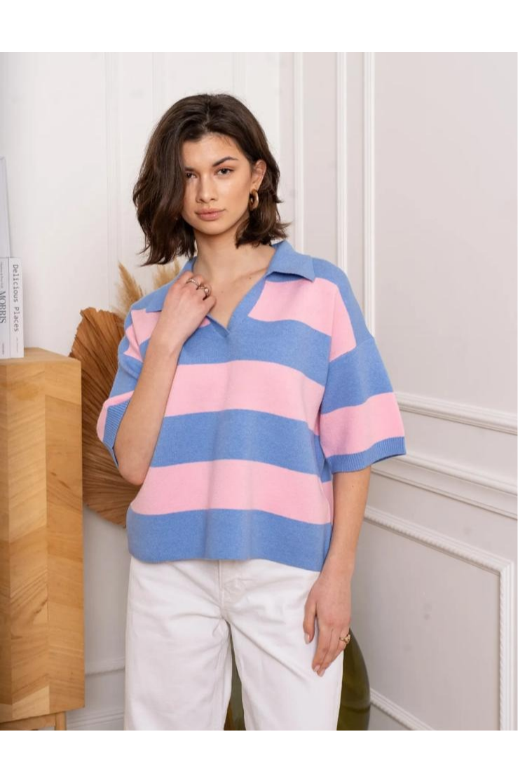 Striped Spring Knit Rugby Top in Pink & Blue
