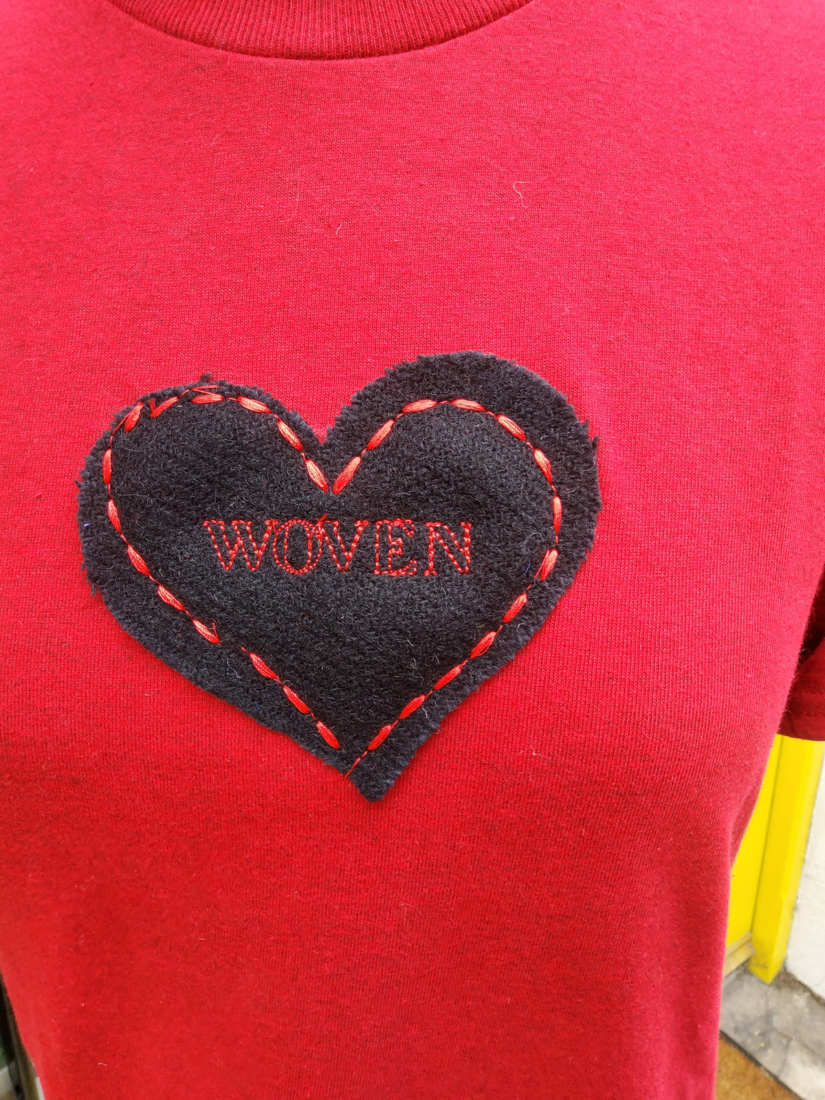 Red Woven T-shirt with Black Heart
