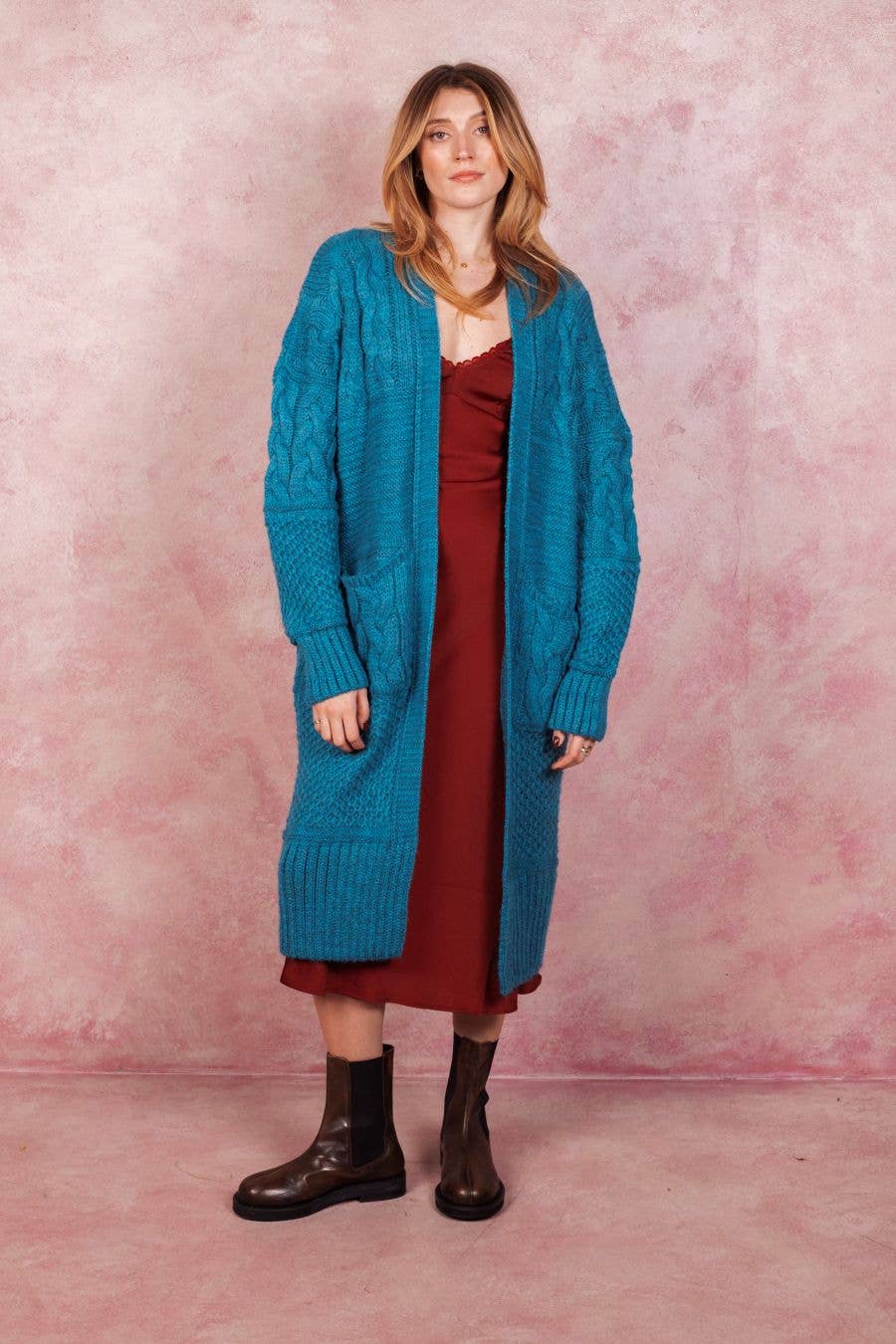 Alex Balloon Sleeve Cable Maxi Cardigan - Teal