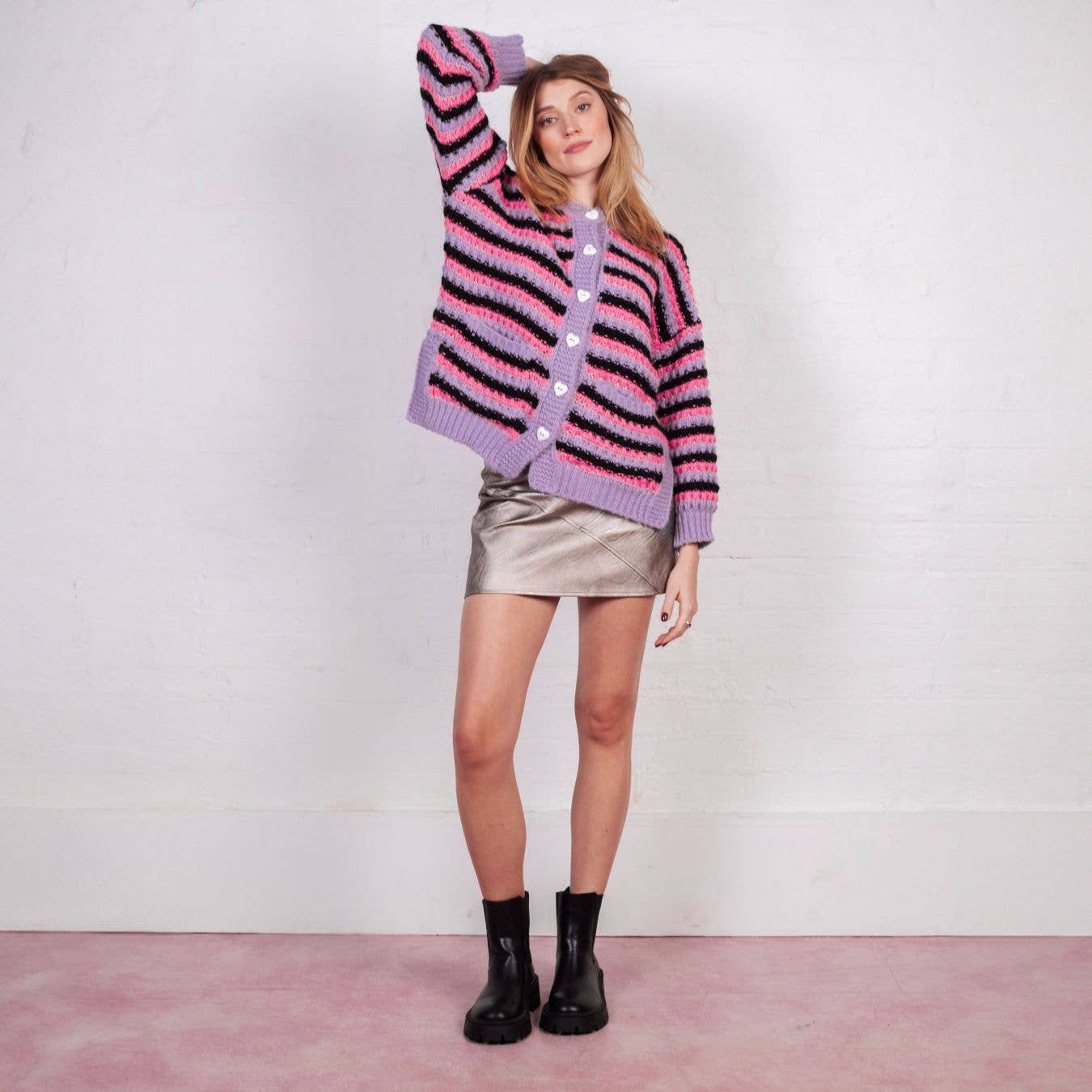Bernice Stripe Cross Stitch Cardigan - Lilac