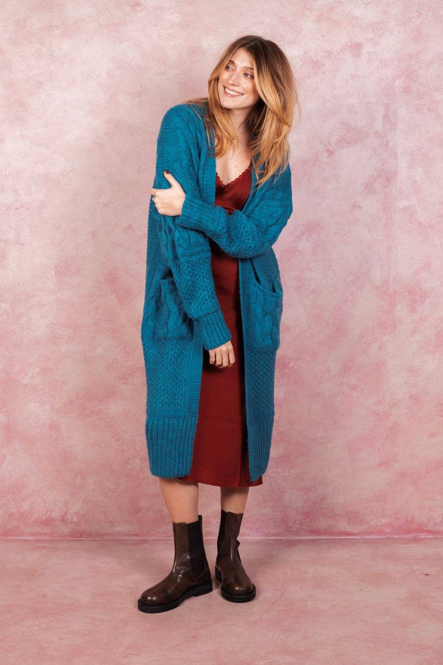 Alex Balloon Sleeve Cable Maxi Cardigan - Teal