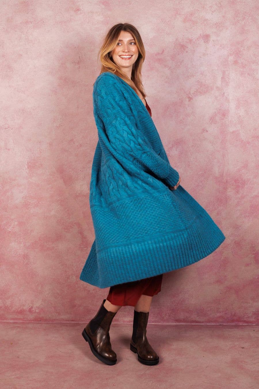 Alex Balloon Sleeve Cable Maxi Cardigan - Teal