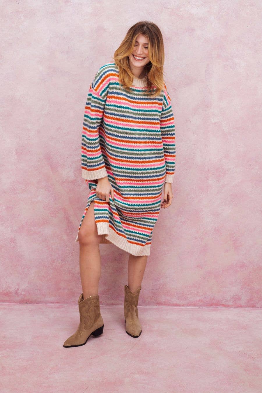 Becca Rainbow Stripe Knitted Midi Dress - Rainbow