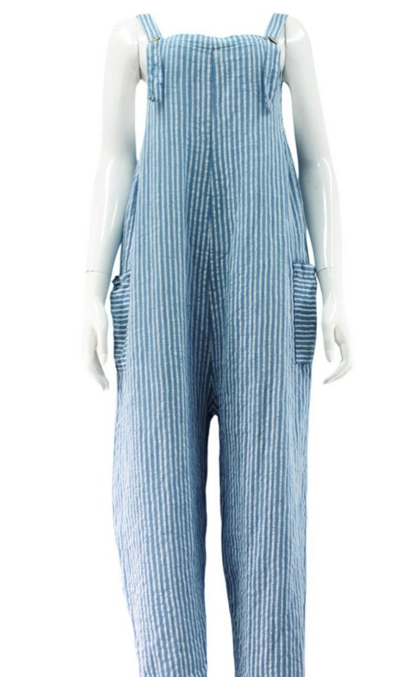 Stripe Cotton Dungares in Denim Blue