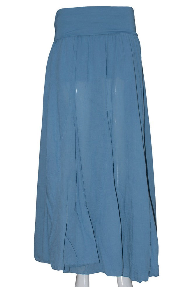 Flowing Crinkle Godet Hem Maxi Skirt in Denim Blue