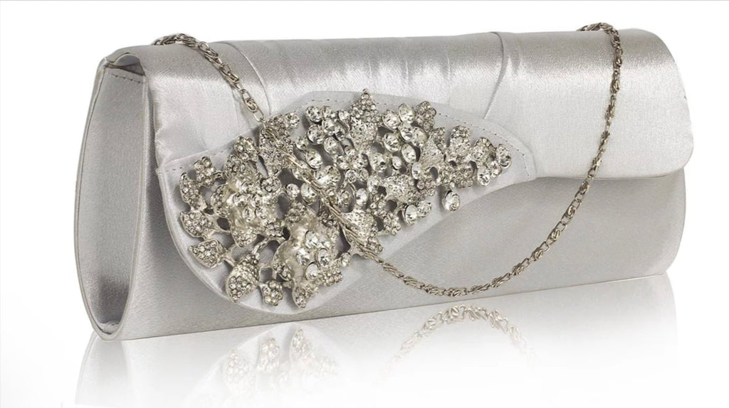 Silver Ruched Satin Clutch With Crystal diamante brooch detail