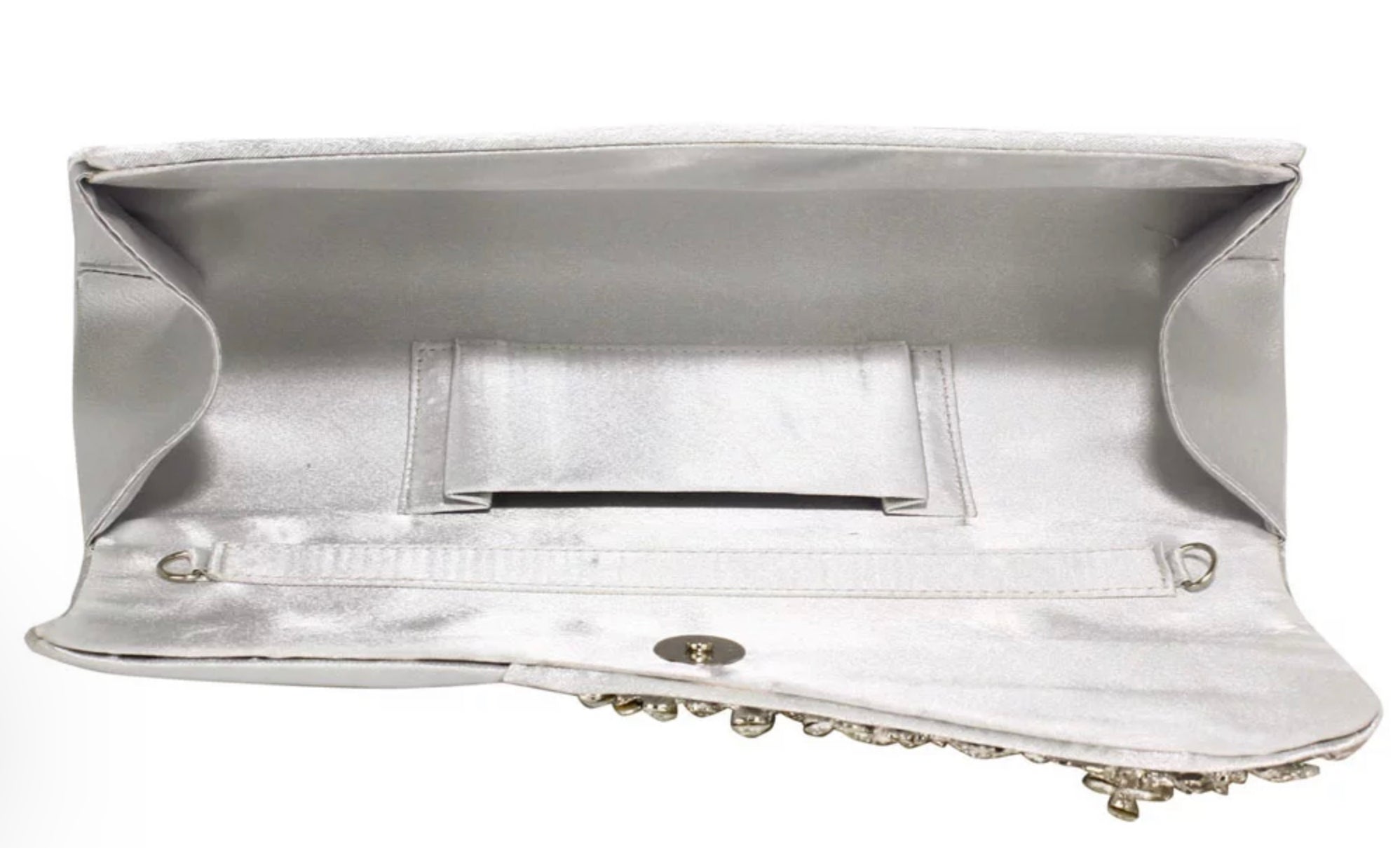 Silver Ruched Satin Clutch With Crystal diamante brooch detail