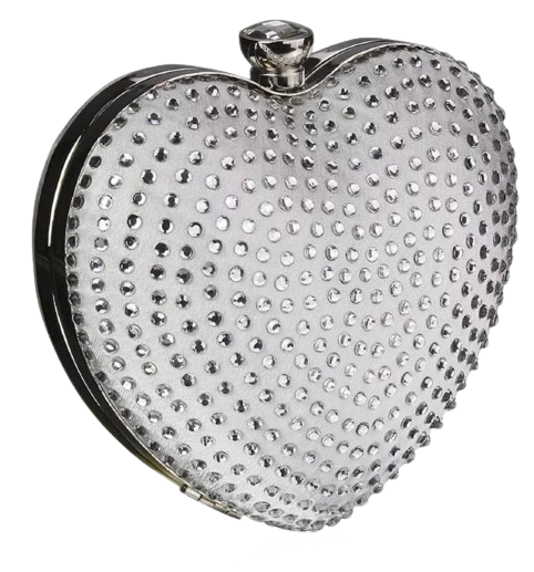 Silver Diamante Hardcase Heart Clutch Bag