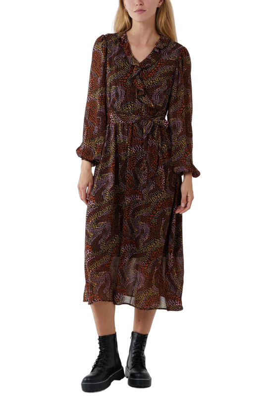 Frilled Polka Dot Wrap Midi Dress