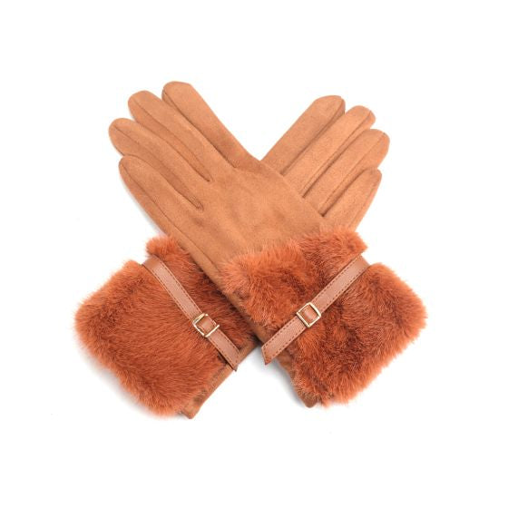 Buckle fur gloves brown