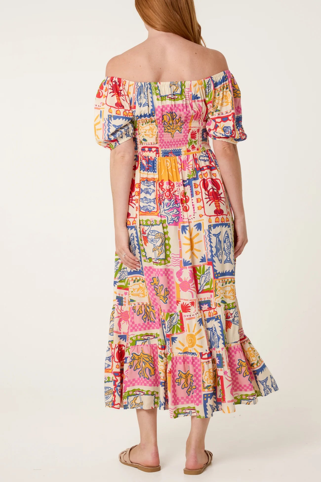 Tie Front Shirred Postcard Print Midi Dress