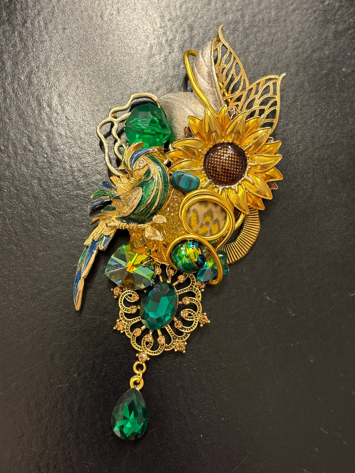 Hand-wired green & gold brooch