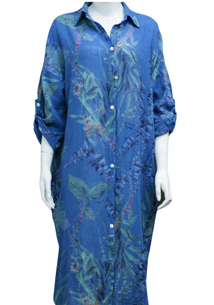 Blue Leaf Print Shirt Dress