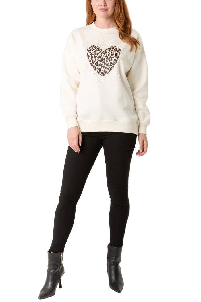 Embellished Cream Animal Print Love Heart Sweatshirt