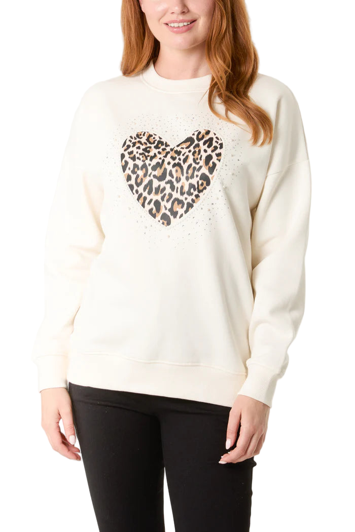 Embellished Cream Animal Print Love Heart Sweatshirt