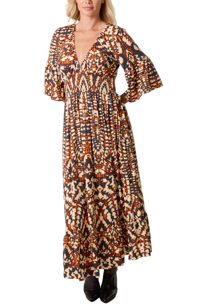 Kaleidoscope Print Shirred Stretch Dress