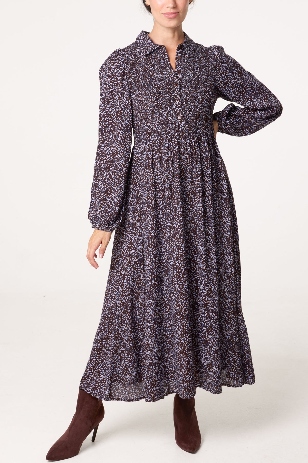 Brown & Blue Shirred Top Long Sleeve Button Down Dress