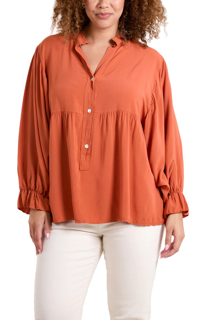 Rust Batwing Ruffle Sleeve Smock Blouse