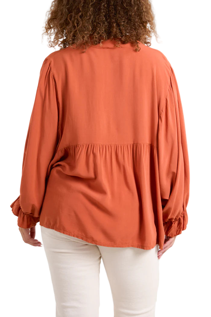 Rust Batwing Ruffle Sleeve Smock Blouse