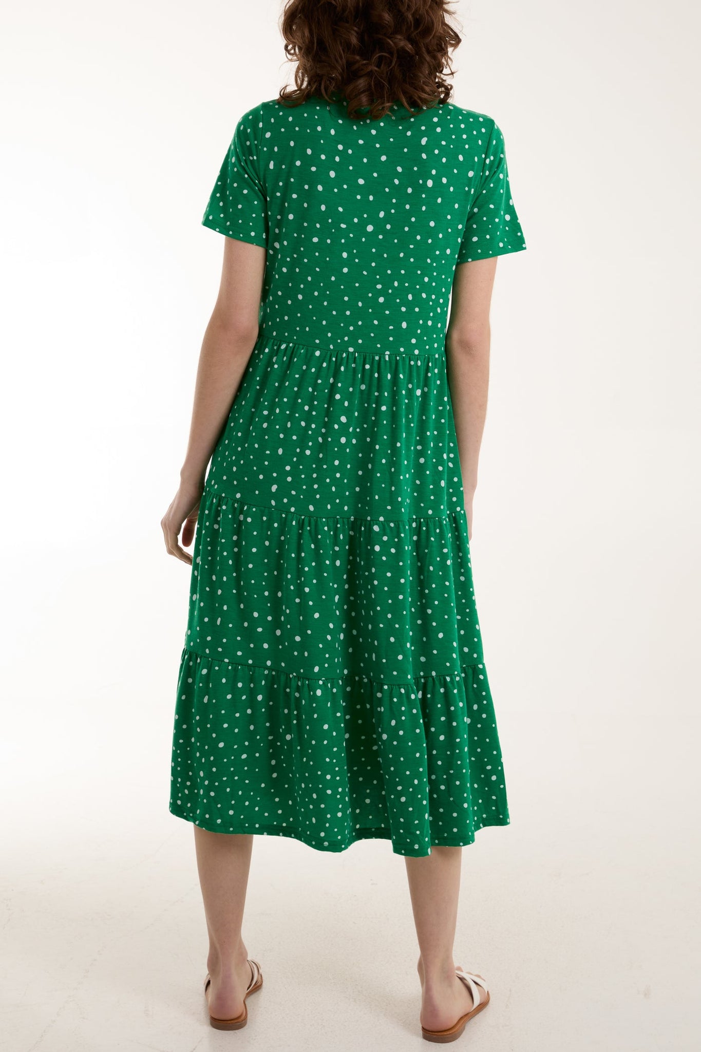 Emerald Green Polka Dot Tiered Smock Midi Dress