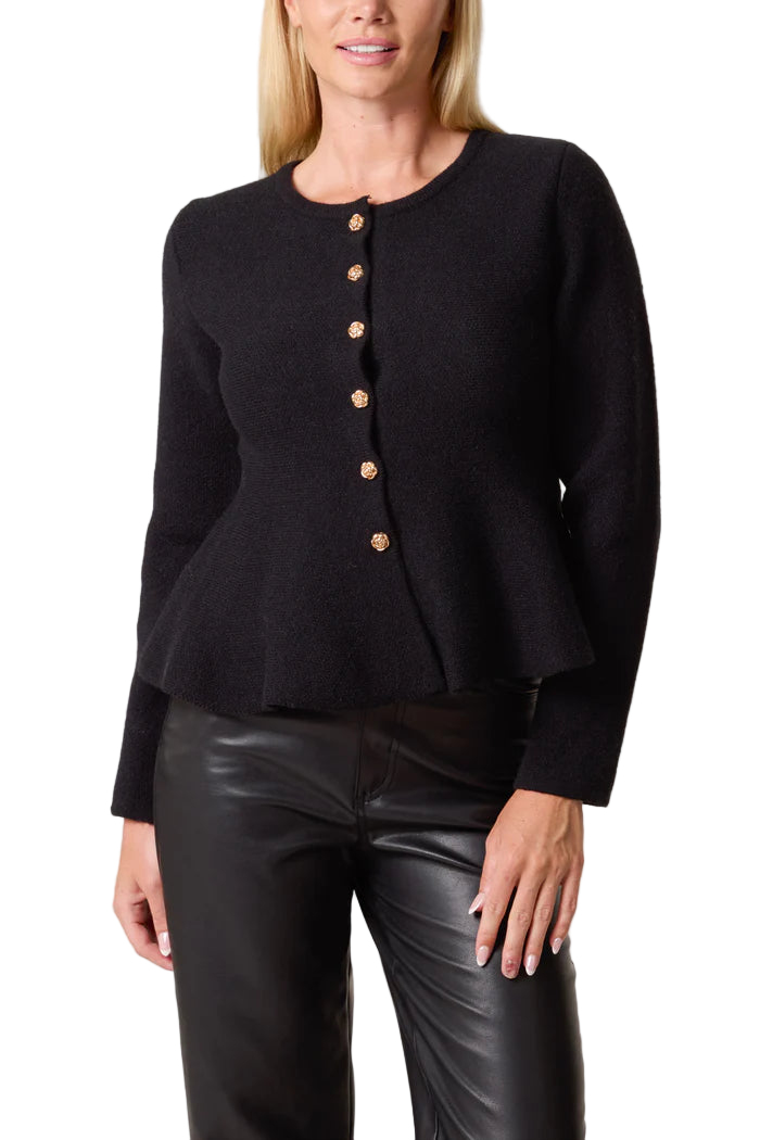 Gold Flower Button Peplum Cardigan