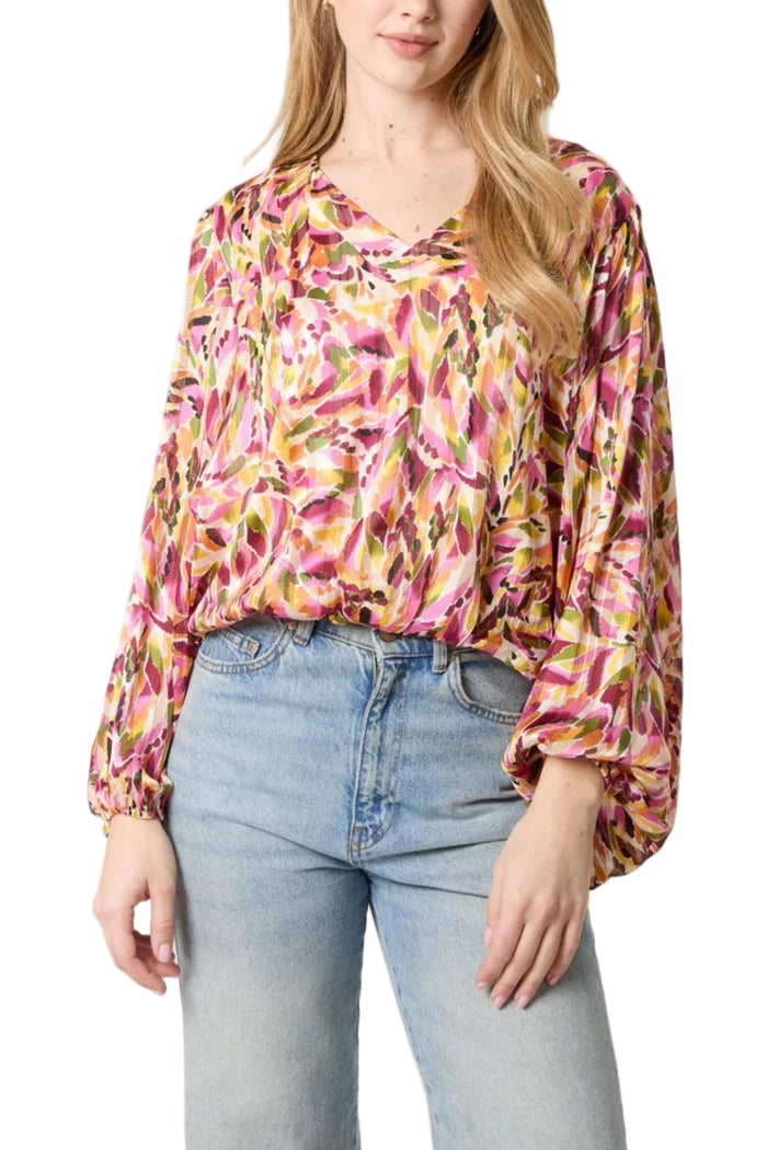 Abstract Print V-Neck Puffball Blouse