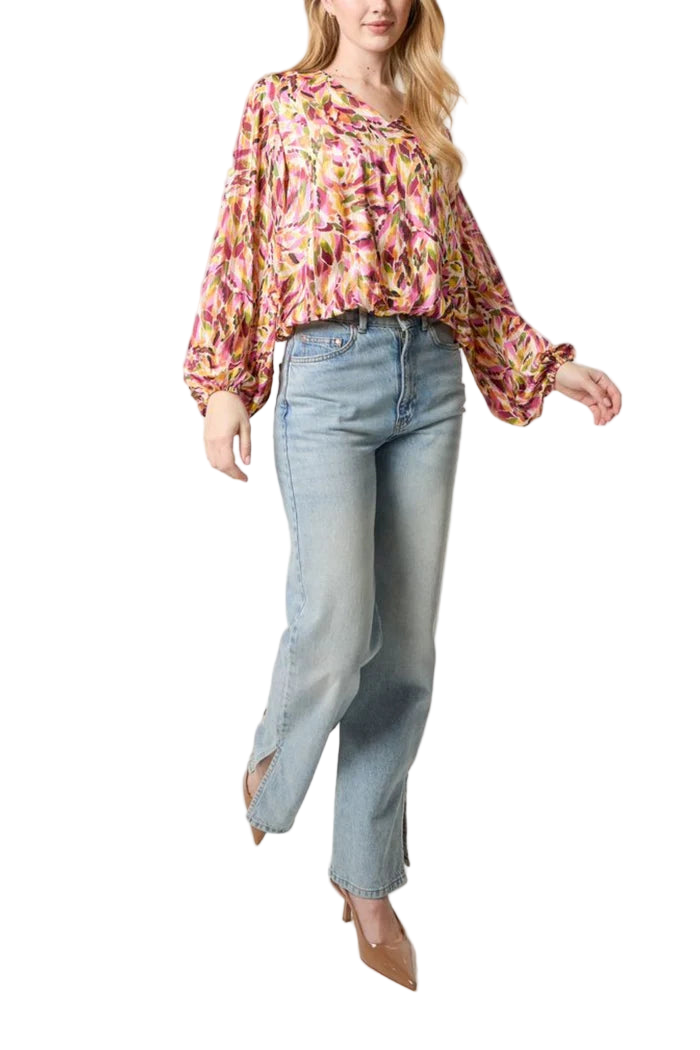 Abstract Print V-Neck Puffball Blouse