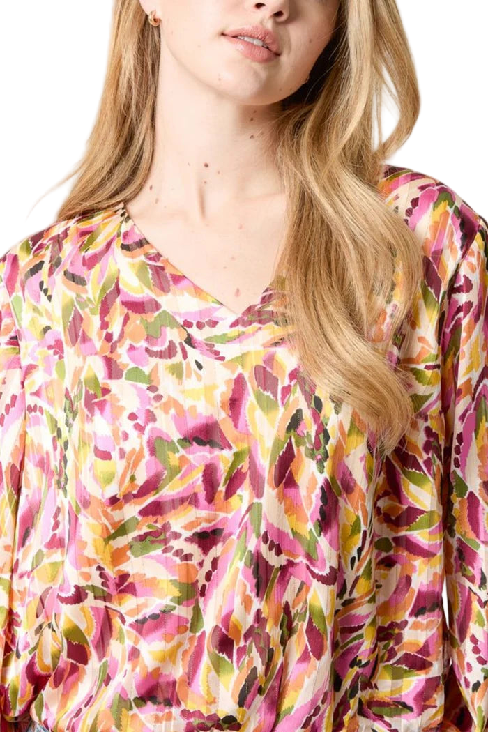 Abstract Print V-Neck Puffball Blouse