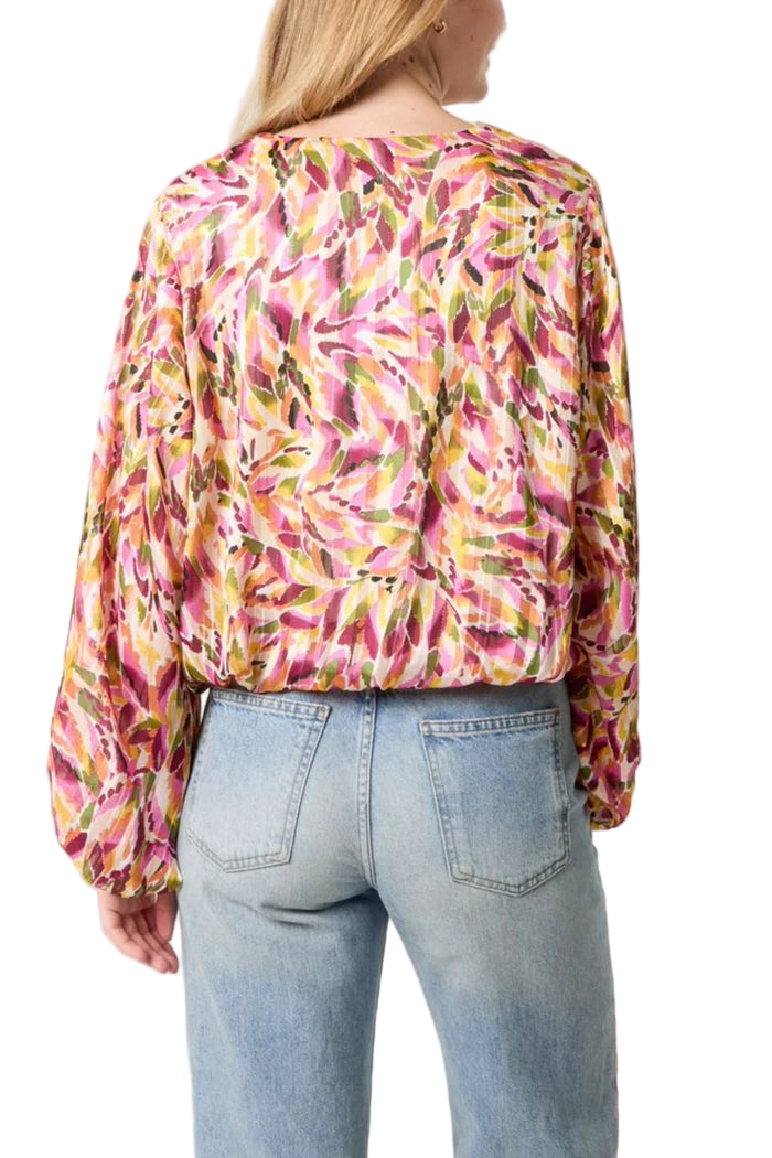 Abstract Print V-Neck Puffball Blouse
