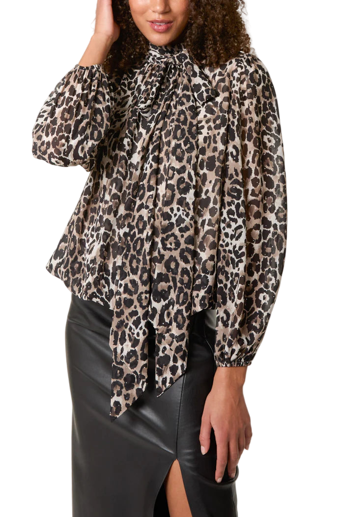 High Tie Neck Diamante Animal Blouse