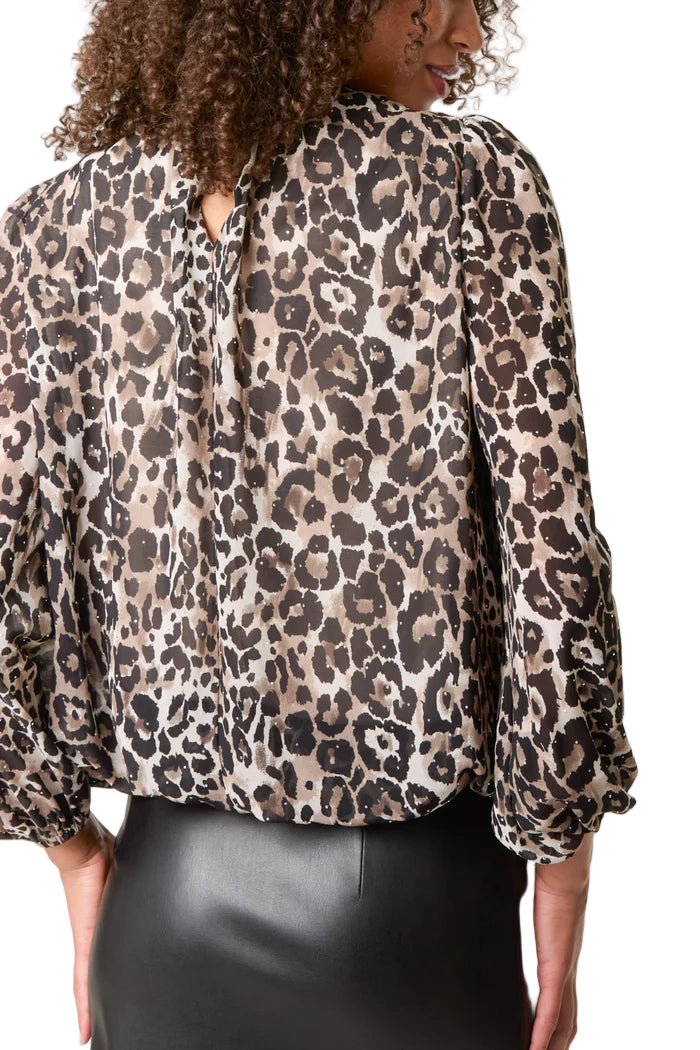 High Tie Neck Diamante Animal Blouse