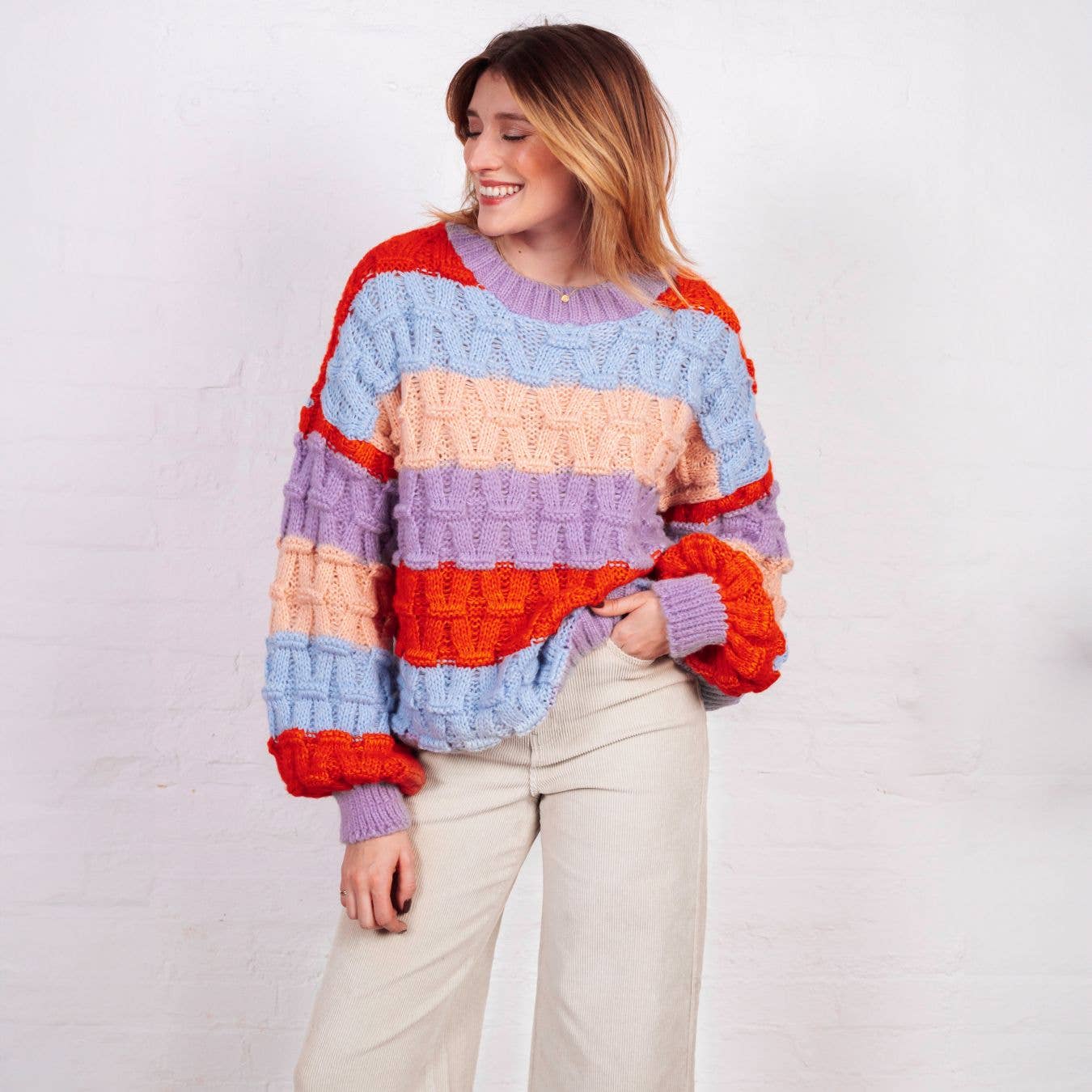 Mandy Criss-Cross Stitch Balloon Sleeve Stripe Jumper - Orange