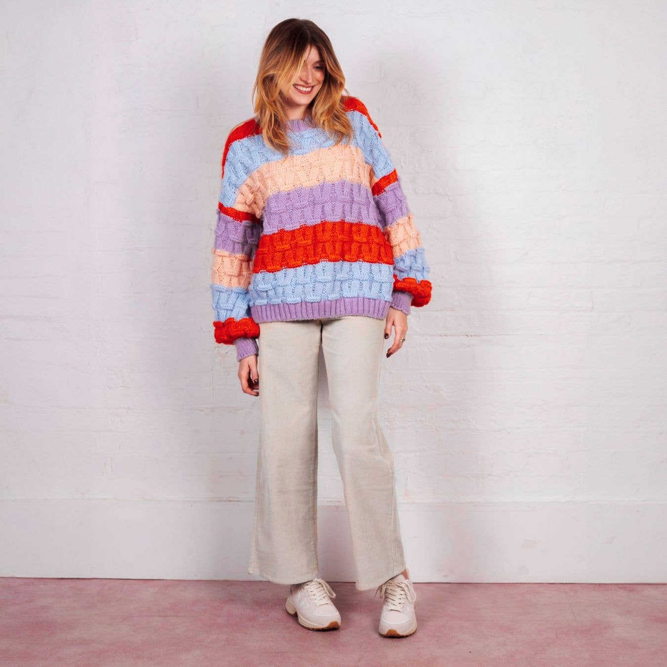 Mandy Criss-Cross Stitch Balloon Sleeve Stripe Jumper - Orange