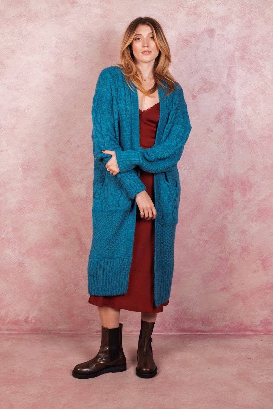 Alex Balloon Sleeve Cable Maxi Cardigan - Teal