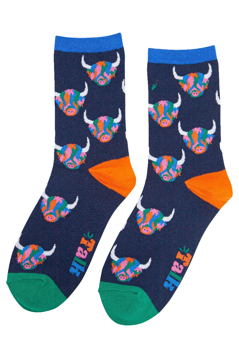 Women's Rainbow Highland Cow Print Bamboo Socks in Navy Blue