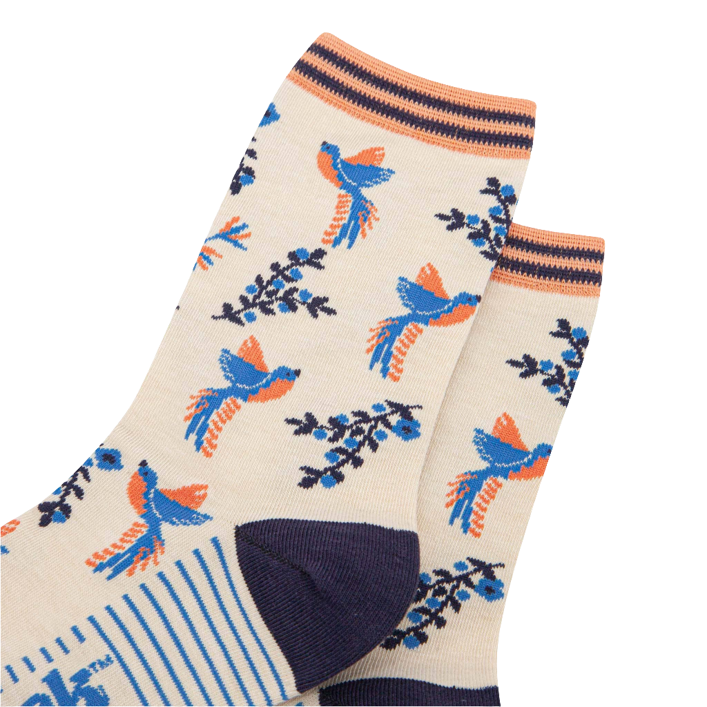 Women's Bamboo Socks - Cream, Hummingbird Floral