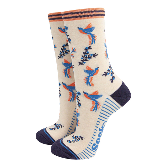 Women's Bamboo Socks - Cream, Hummingbird Floral