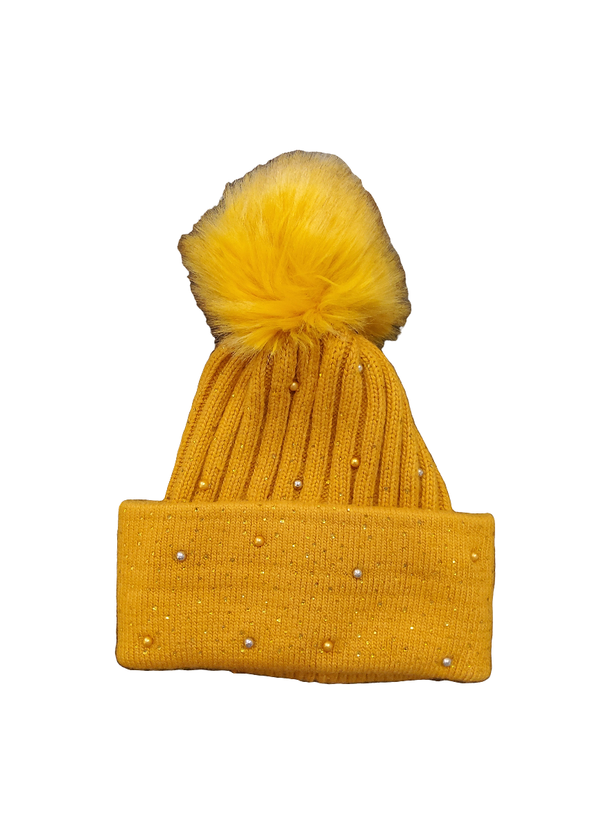 Sparkle Detail Mustard PomPom Hat