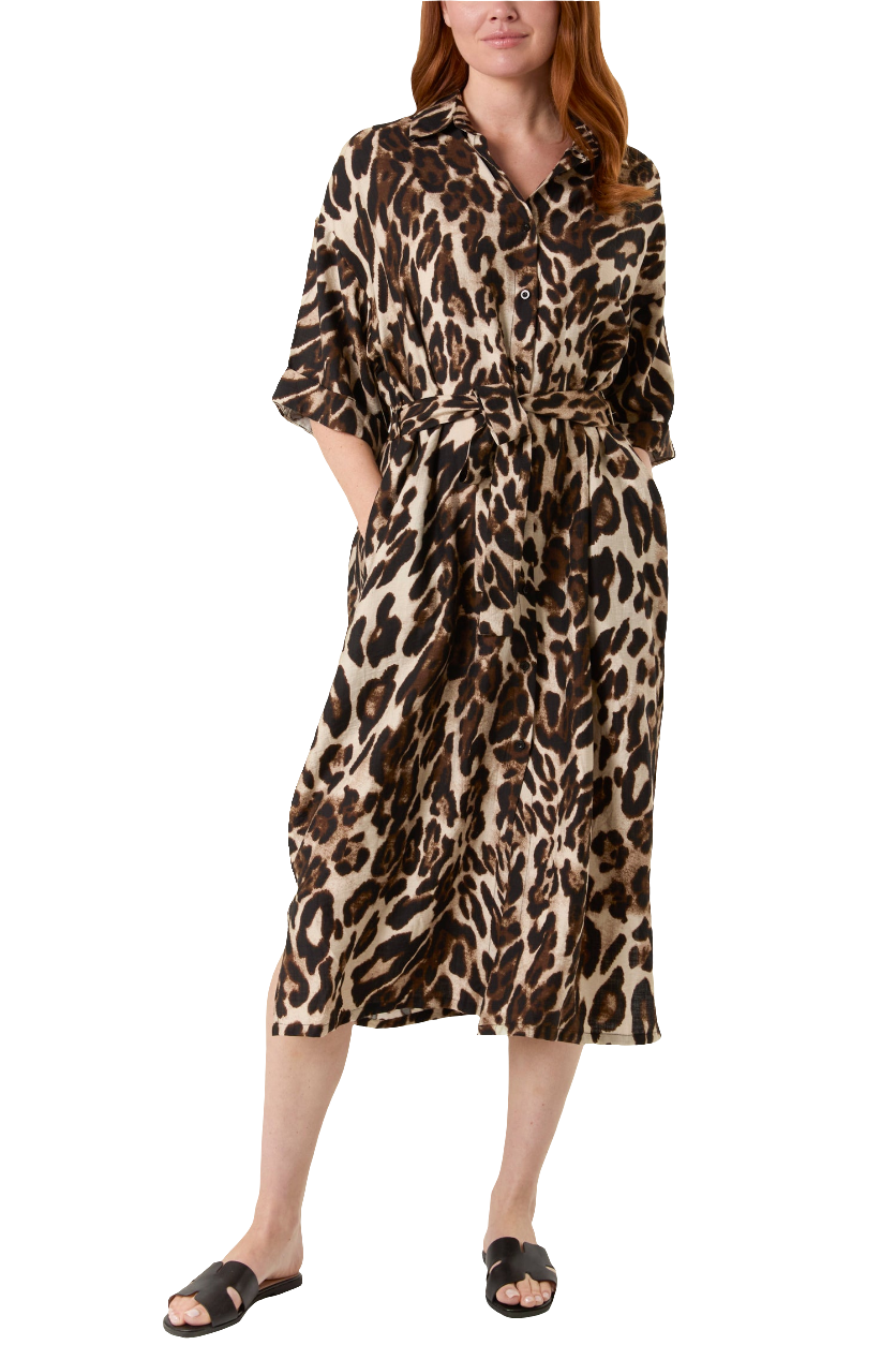 Leopard Print Tie Front Midi Shirt Dress