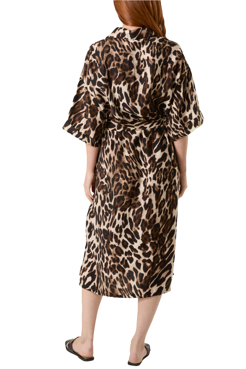 Leopard Print Tie Front Midi Shirt Dress