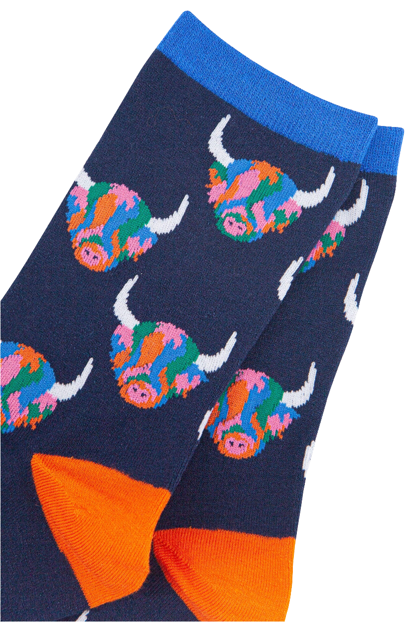 Women's Rainbow Highland Cow Print Bamboo Socks in Navy Blue