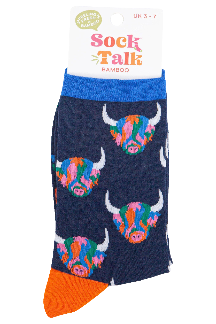 Women's Rainbow Highland Cow Print Bamboo Socks in Navy Blue