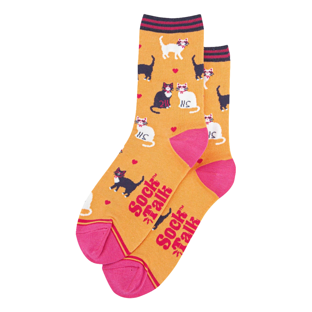 Women's Bamboo Socks - Orange, Cats and Love Hearts