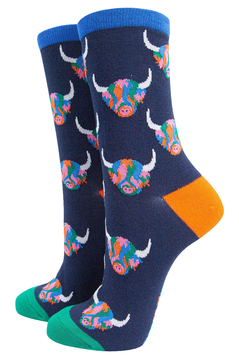 Women's Rainbow Highland Cow Print Bamboo Socks in Navy Blue