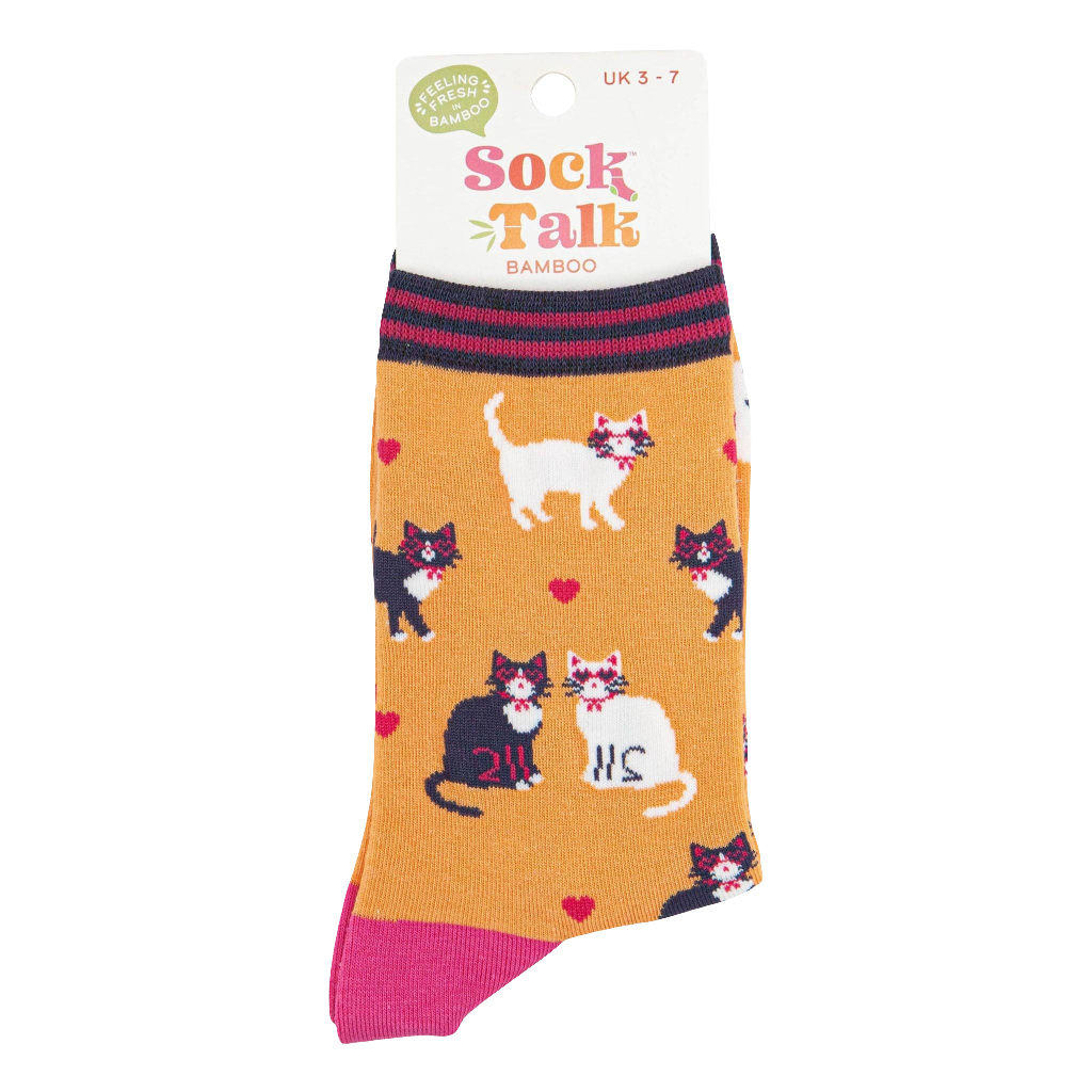 Women's Bamboo Socks - Orange, Cats and Love Hearts