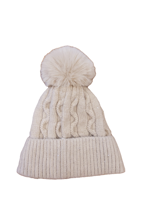 Cream Sparkle PomPom Hat