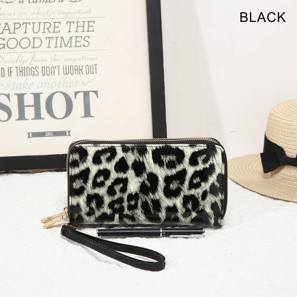 Leopard Print Double Zipped Patent Purse