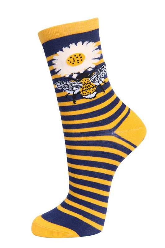 Womens Bamboo Socks Bumble Bees Floral Striped Ankle Socks