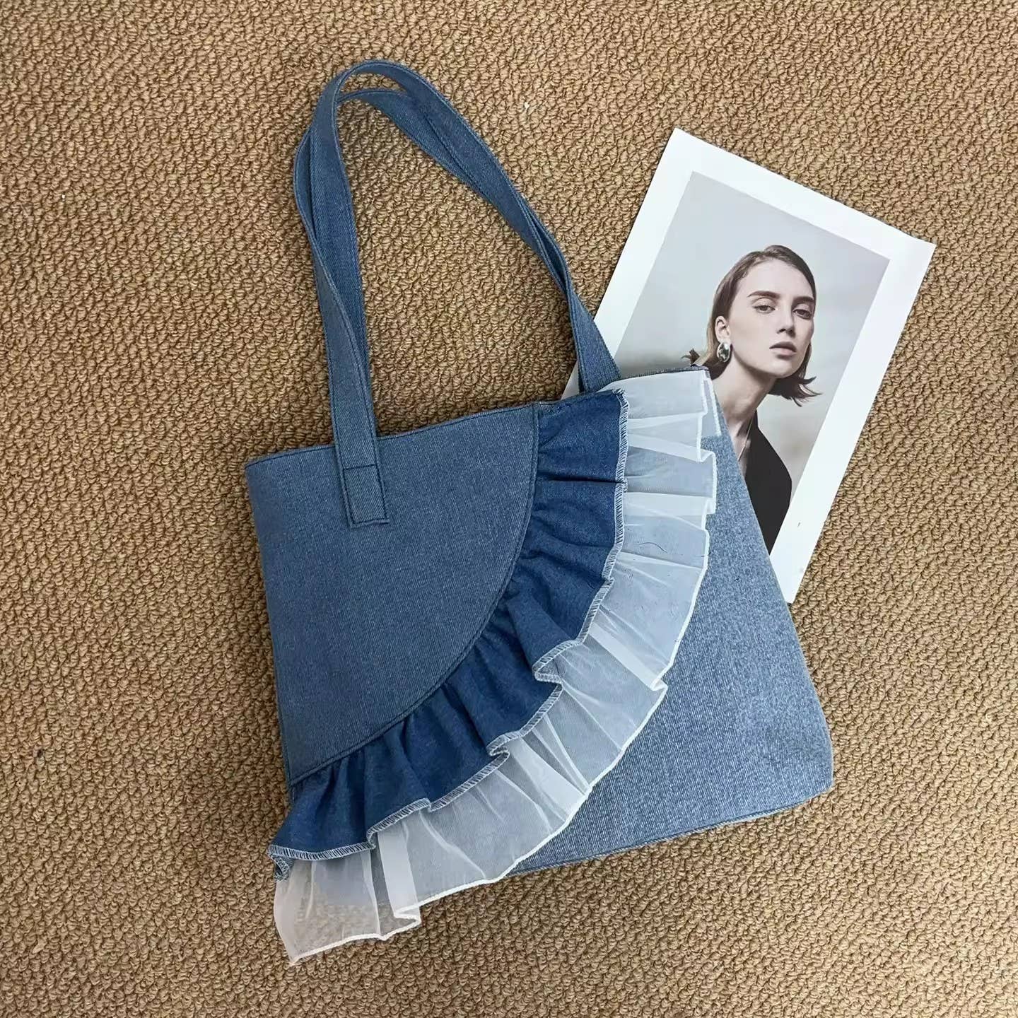 Blue Denim Shoulder Bag with Layered Mesh Ruffle
